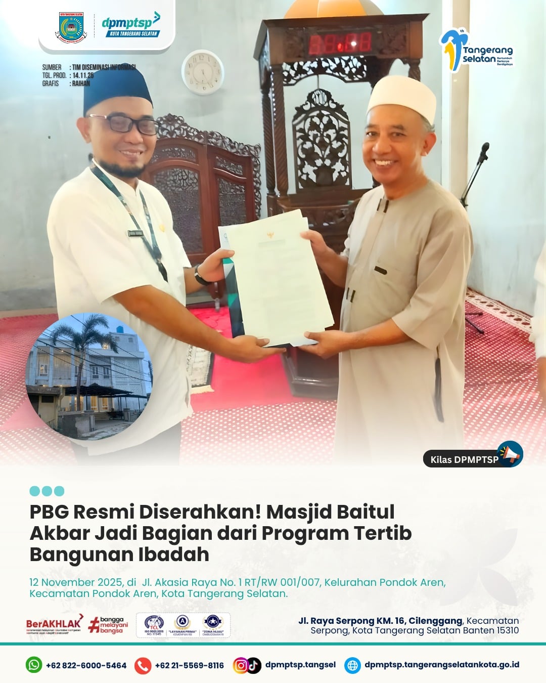 Legalitas Masjid Dipermudah! Masjid Baitul Akbar Resmi Terima PBG dari DPMPTSP Tangsel 📄✨
