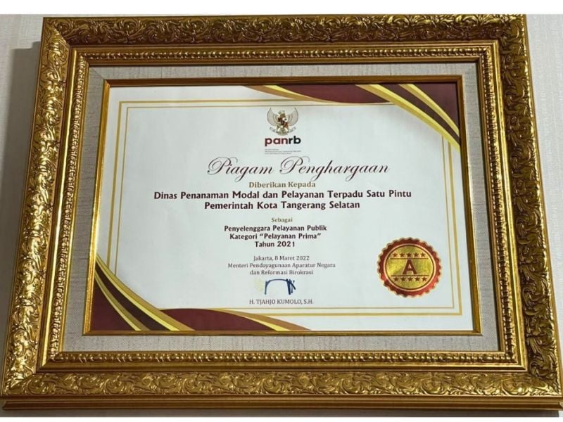 Piagam Penyelenggara Pelayanan Publik Kategori Pelayanan Prima (A) Tahun 2021