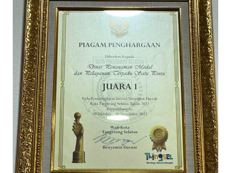 Piagam Juara 1 Pemeringkatan Inovasi Perangkat Daerah Kota Tangerang Selatan Tahun 2022