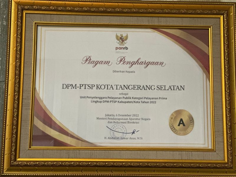 Piagam Unit Penyelenggara Pelayanan Publik Kategori Pelayanan Prima (A) Tahun 2022