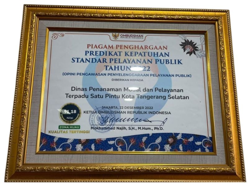 Piagam Predikat Kepatuhan Standar Pelayanan Publik Tahun 2022 (Opini Pengawasan Penyelenggaraan Pelayanan Publik)