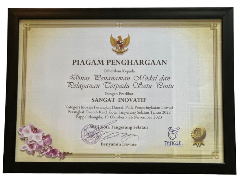 Piagam Predikat Sangat Inovatif Kategori Inovasi Perangkat Daerah Tahun 2023