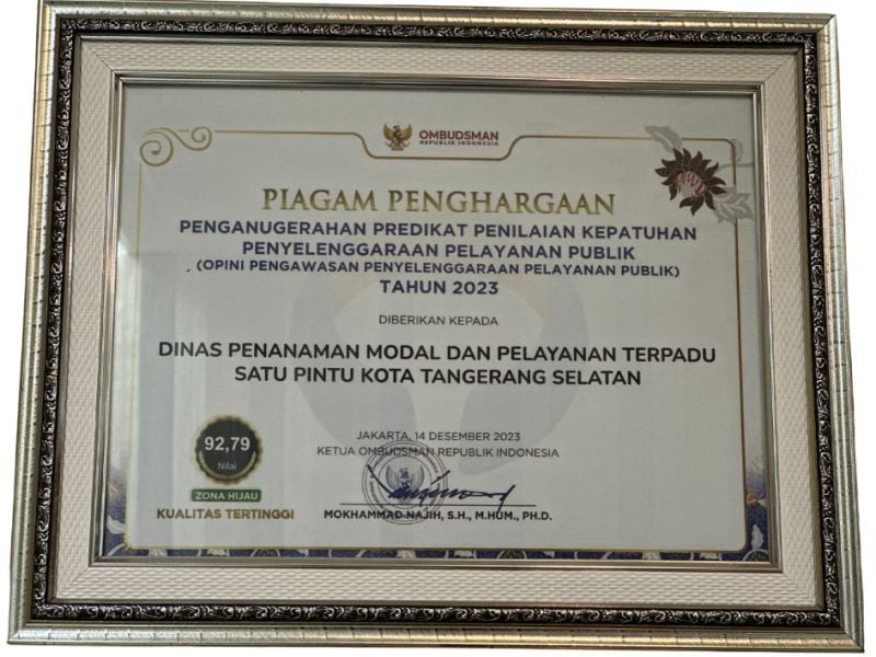 Piagam Penganugerahan Predikat Penilaian Kepatuhan Penyelenggaraan Pelayanan Publik (Opini Pengawasan Penyelenggaraan Pelayanan Publik)