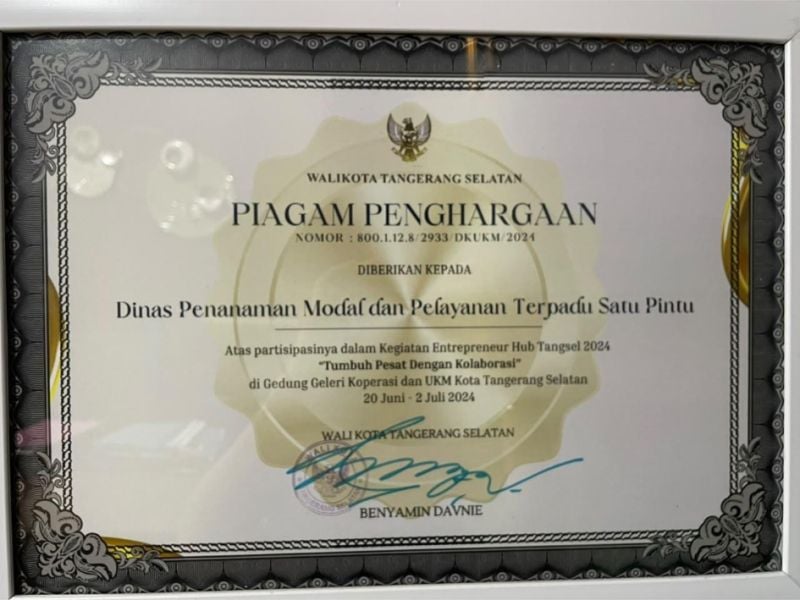 Piagam Partisipasi Kegiatan Entrepreneur Hub Tangsel 2024 "Tumbuh Pesat Dengan Kolaborasi"